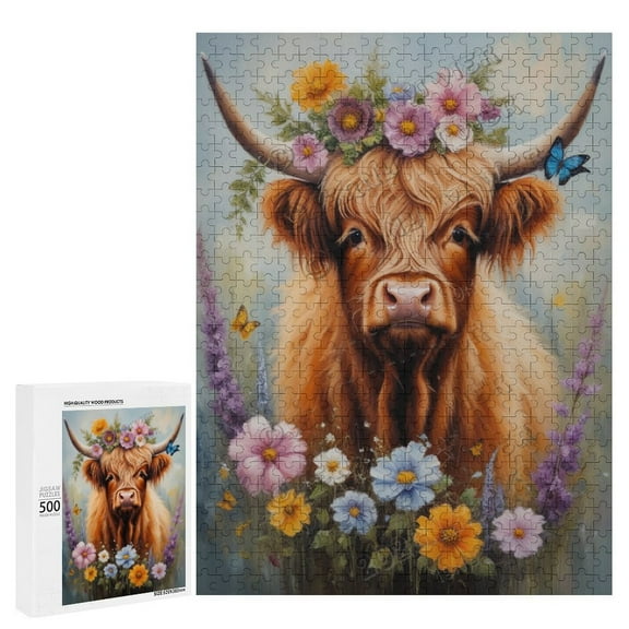 Highland Cow With Flower Oil Painting 500-Piece Puzzle for Adults - A Fun and Relaxing Way to Celebrate Your Love for Highland Cows,Wooden
