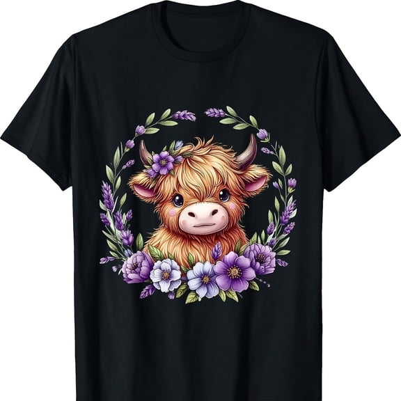 Highland Cow With Purple Flowers ScottiS1H Farm T-S1Hirt