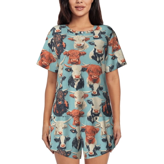 Highland Cow Women’S Short-Sleeved Pyjama Set Round-Neck Loungewear for Indoor and Outdoor
