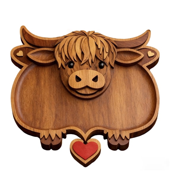 Highland Cow Wooden Charcuterie Board - 13" Large Rustic Farmhouse Serving Tray for Cheese, Meat, and Appetizers, Natural Solid Wood Platter with Red Heart Detail(A)