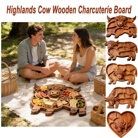 Highland Cow Wooden Charcuterie Board, Adorable Cow Shaped Cheese Platter Serving Tray, Farmhouse Style Highland Cattle Design, Unique Animal Appetizer Board for Meat Cheese Fruit Snacks, HAODEJW