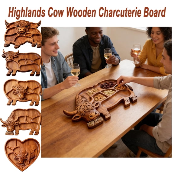 Highland Cow Wooden Charcuterie Board, Adorable Cow Shaped Serving Tray Cheese Platter, Farmhouse Style Highland Cattle Wooden Board, Unique Animal Shaped Appetizer Platter for Meat Cheese, HAODEJW