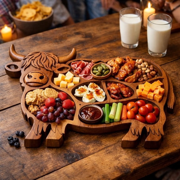Highland Cow Wooden Charcuterie Board,Cute Cow Shaped Serving Tray Cheese Platter,Farmhouse Style Highland Cattle Shaped Serving,Unique Animal Shaped Appetizer Platter for Meat,Cheese
