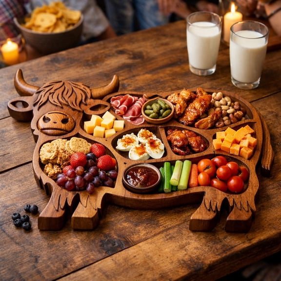 Highland Cow Wooden Charcuterie Board,Cute Cow Shaped Serving Tray Cheese Platter,Farmhouse Style Highland Cattle Shaped Serving,Unique Animal Shaped Appetizer Platter for Meat,Cheese,#B