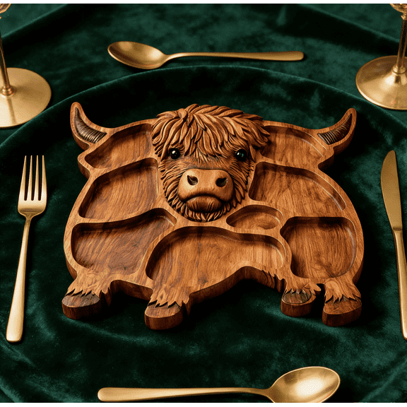 Highland Cow Wooden Charcuterie Board - Food-Safe Easy-To-Clean Slip-Resistant Cute Serving Platter for Snacks & Cheeses, Home Party Decor, Perfect Year of The Horse & Gift Essential, A