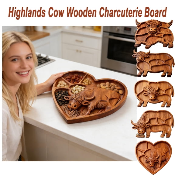 Highland Cow Wooden Charcuterie Board, Rustic Cow Shaped Cheese Platter Serving Tray, Farmhouse Style Highland Cattle Design, Unique Animal Appetizer Board for Meat Cheese Snacks, HAODEJW