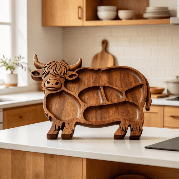 Highland Cow Wooden Charcuterie Board, Rustic Farmhouse Serving Board, Appetizer Board, for Snack Fruit Meat Cheese Home Party Banquet Family Gathering Dining Table Holiday Kitchen