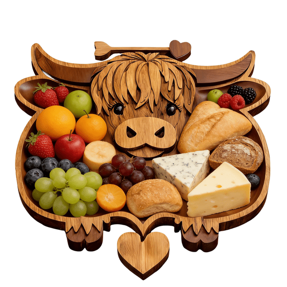 Highland Cow Wooden Charcuterie Board, Rustic Farmhouse Serving Board, Appetizer Board, for Snack Fruit Meat Cheese Home Party Banquet Family Gathering Dining Table Holiday Kitchen (A)