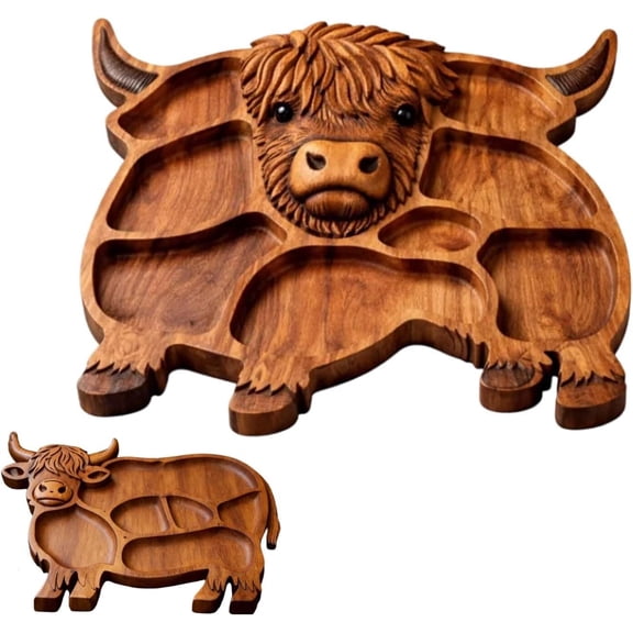 Highland Cow Wooden Charcuterie Board, Rustic Farmhouse Serving Board Made from Natural Solid Wood with Compartments for Cheese, Meat, Fruit & Snacks (A)