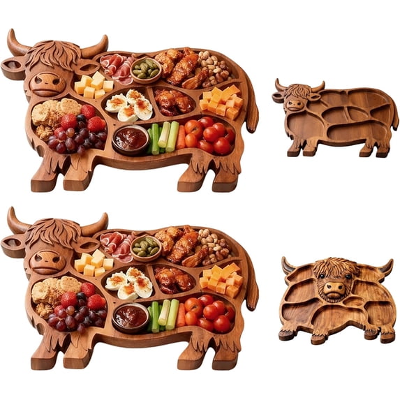 Highland Cow Wooden Charcuterie Board, Rustic Farmhouse Serving Board Made from Natural Solid Wood with Compartments for Cheese, Meat, Fruit & Snacks (B-2pcs)