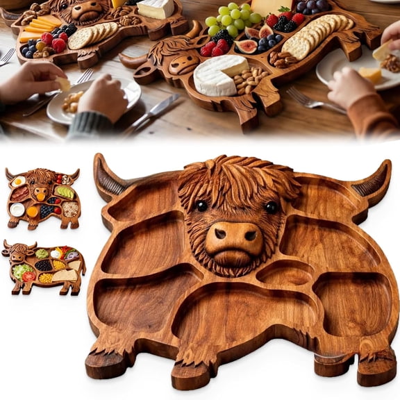 Highland Cow Wooden Charcuterie Board, Rustic Farmhouse Serving Board Made from Natural Solid Wood with Compartments, Unique Shaped Appetizer Platter for Cheese, Meat, Fruit & Snacks