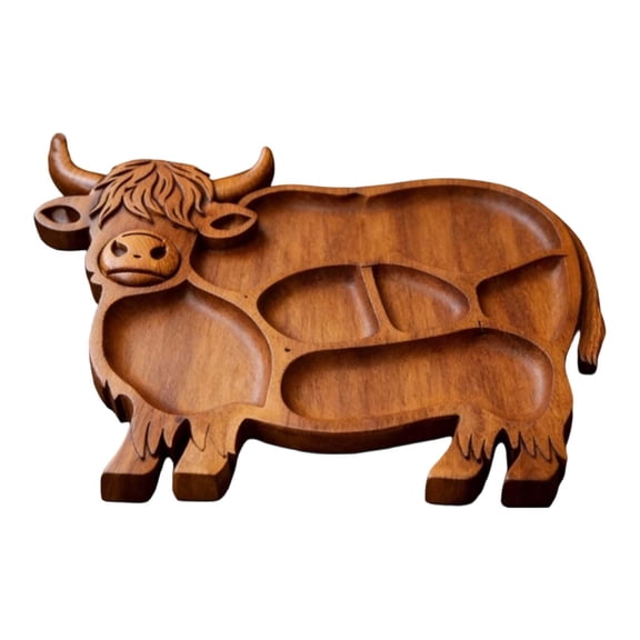 Highland Cow Wooden Charcuterie Board, Rustic Farmhouse Serving Board Made from Natural Solid Wood with Compartments for Cheese, Meat, Fruit & Snacks