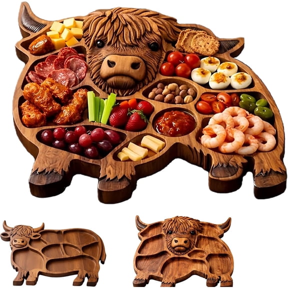 Highland Cow Wooden Charcuterie Board with Divided Sections, Rustic Food Tray,