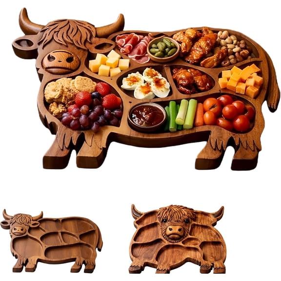 Highland Cow Wooden Charcuterie Board with Divided Sections, Rustic Food Tray,