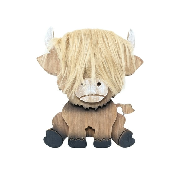 Highland Cow Wooden Figurine with Stand – Long Hair Statue for Rustic Home Country Kitchen or Office Décor Farmhouse Table Shelf Display Accent & Unique Gift Animal Lovers