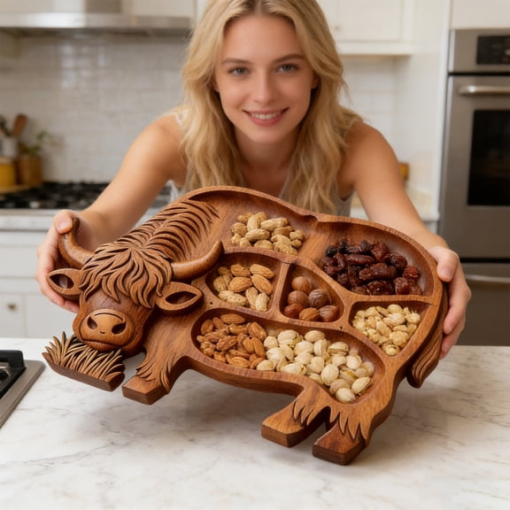 Highland Cow Wooden Snack Tray, Decorative Popcorn Candy Bowl for Parties, Novelty Cow Shaped Dry Snack Holder, Farmhouse Animal Themed Gift for Home Decor