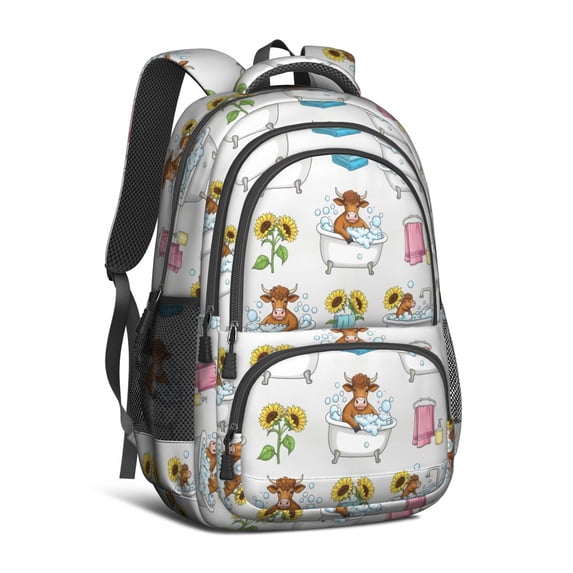 Highland Cow and Bathtub Print Backpack for School, Cute School Bag with Adjustable Shoulder Straps and Padded Back, 16.9"x12.6"x5.9"
