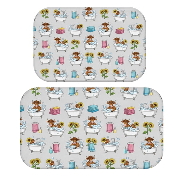 Highland Cow and Bathtub Print Bath Mat Set Of 2,Non-Slip Rug for Bathroom,Kitchen,Bedroom,Entrance, 30x17 and 23.5x15.7 Inches