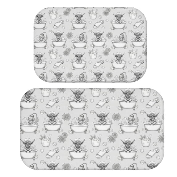Highland Cow and Bathtub Print Bath Mat Set Of 2,Non-Slip Rug for Bathroom,Kitchen,Bedroom,Entrance, 30x17 and 23.5x15.7 Inches