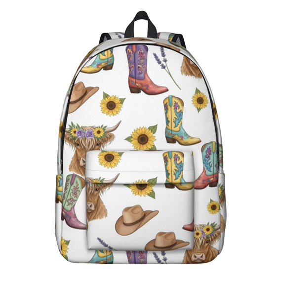 Highland Cow and Boot Print Backpack for School, Cute School Bag with Adjustable Shoulder Straps and Padded Back, 15.7"x11.8"x5.5"