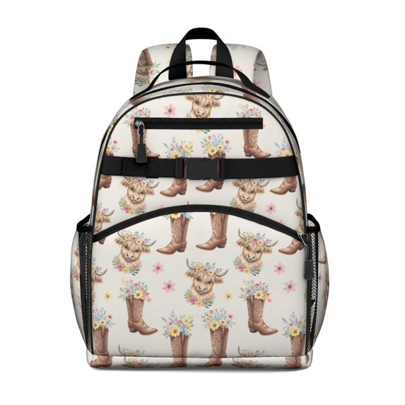Highland Cow and Boot Print Cute School Backpack Bag for School with Padded Back and Adjustable Shoulder Straps 15.25"x11.5"x5.25"
