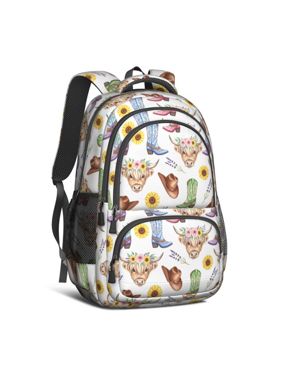 Highland Cow and Boot Print Cute School Backpack Bag with Padded Back and Adjustable Shoulder Straps 16.9 X 12.6 X 5.9 Inches