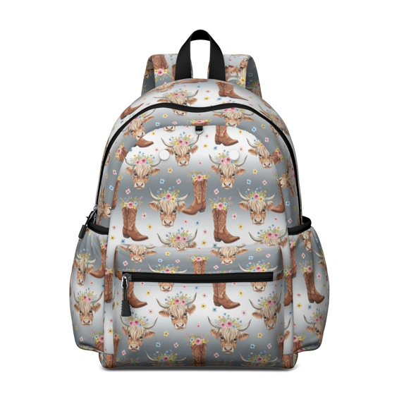 Highland Cow and Boot Print Cute School Backpack with Padded Back and Adjustable Shoulder Straps 13.4"x11"x4.7"
