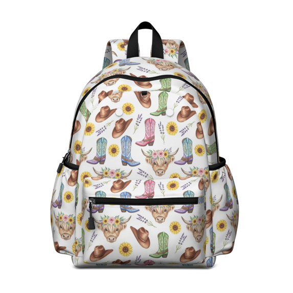 Highland Cow and Boot Print Cute School Backpack with Padded Back and Adjustable Shoulder Straps 13.4"x11"x4.7"