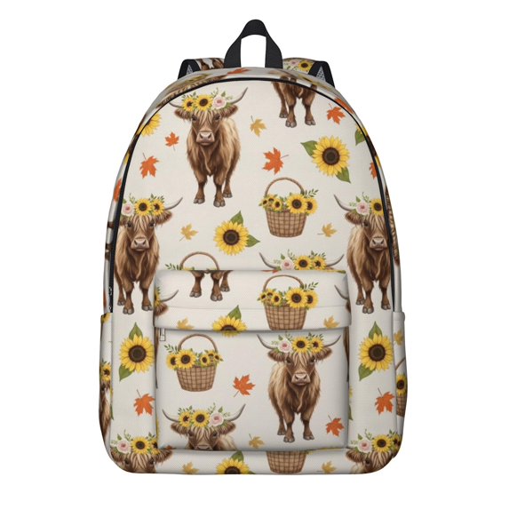 Highland Cow and Bucket Print Backpack for School, Cute School Bag with Adjustable Shoulder Straps and Padded Back, 15.7"x11.8"x5.5"