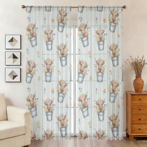 Highland Cow and Bucket Print Sheer Curtains, Sheer Curtain Panels with ...