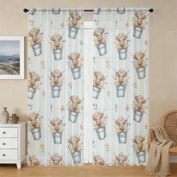 Highland Cow and Bucket Print Sheer Curtains, Sheer Window Panels with ...