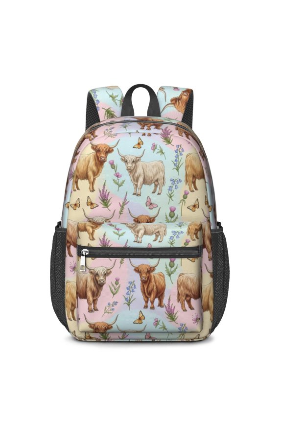 Highland Cow and Butterfly Print 17" School Backpacks for Teens,Waterproof Oxford Fabric,S-Shape Padded Straps for School,Travel,Hiking,Camping