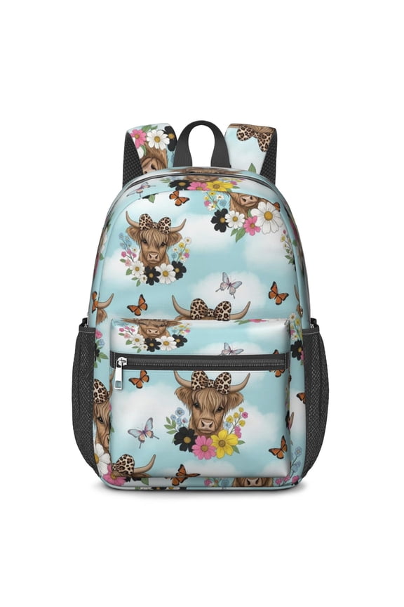 Highland Cow and Butterfly Print 17" School Backpacks for Teens,Waterproof Oxford Fabric,S-Shape Padded Straps for School,Travel,Hiking,Camping