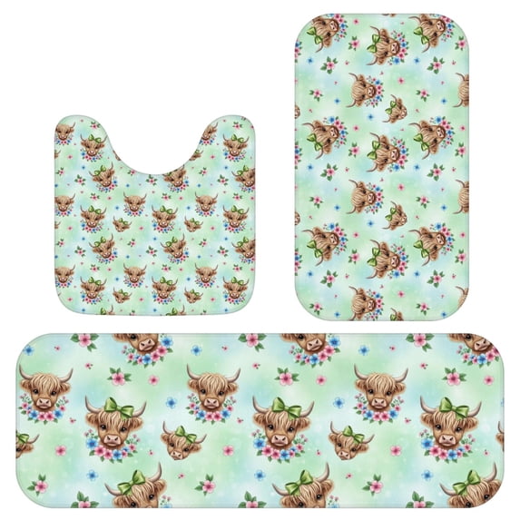 Dc Runner Highland Cow and Butterfly Print 3 Piece Flannel Bathroom Rug Set ...