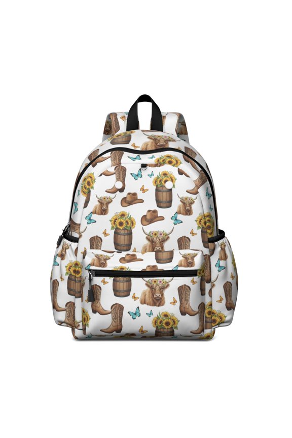 Highland Cow and Butterfly Print Backpack for School, Cute School Bag with Adjustable Shoulder Straps and Padded Back, 13.4"x11"x4.7"