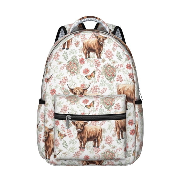 Highland Cow and Butterfly Print Backpack for School, Cute School Bag with Adjustable Shoulder Straps and Padded Back, 15.3"x11"x7.1"