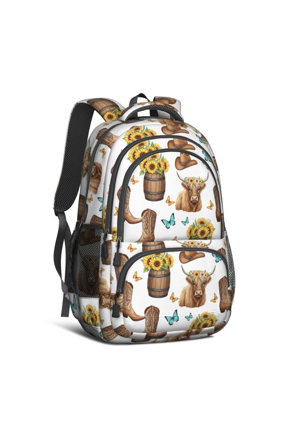 Highland Cow and Butterfly Print Backpack for School, Cute School Bag with Adjustable Shoulder Straps and Padded Back, 16.9"x12.6"x5.9"