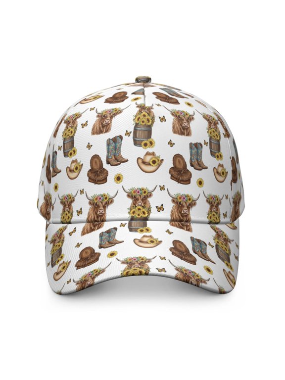 Highland Cow and Butterfly Print Baseball Cap, Sports Sun Cap with Snap Closure & Sweatband, Polyester Construction Gifts for Sports Outdoor Travel