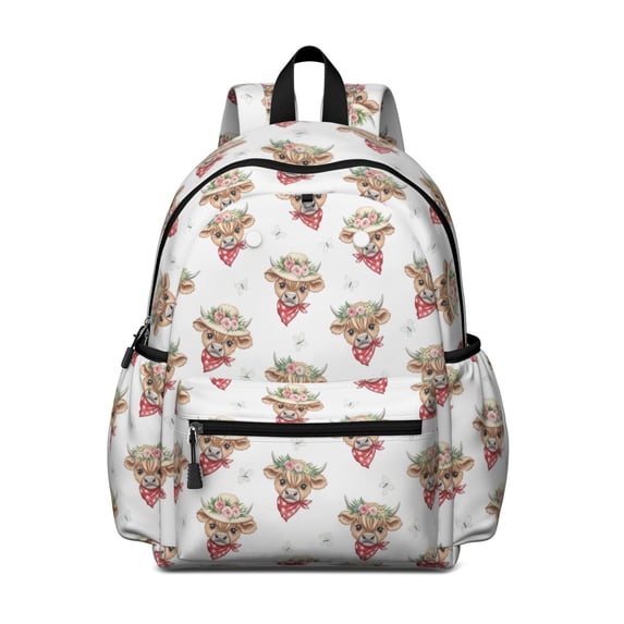 Highland Cow and Butterfly Print Cute School Backpack with Padded Back and Adjustable Shoulder Straps 13.4"x11"x4.7"