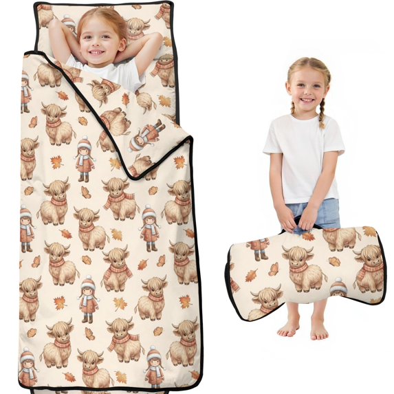 Highland Cow and Butterfly Print Teens Toddler Nap Mat with Pillow, Sleeping Mat Bag for Preschool Daycare 59"x22"