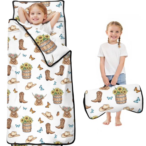 Highland Cow and Butterfly Print Teens Toddler Nap Mat with Pillow, Sleeping Mat Bag for Preschool Daycare 60"x20"