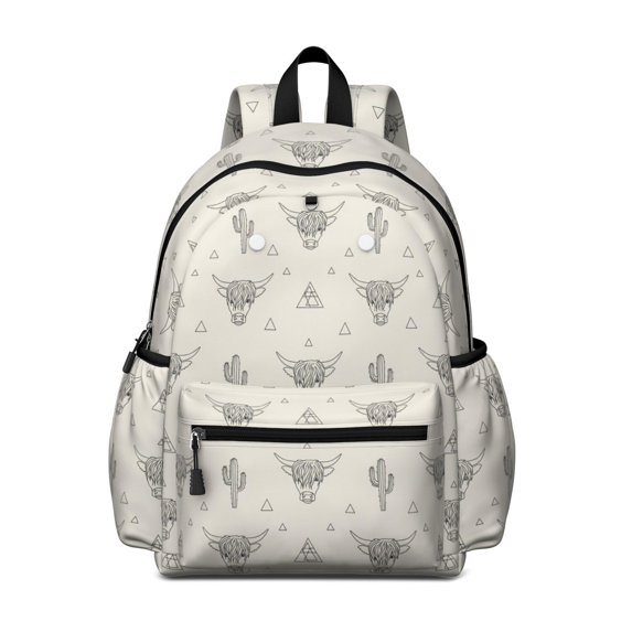 Highland Cow and Cactus Print Backpack for School, Cute School Bag with Adjustable Shoulder Straps and Padded Back, 13.4"x11"x4.7"