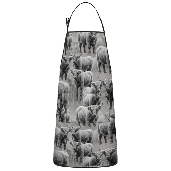 Highland Cow and Calf Print Apron for Women with Pockets, Cotton Linen Waterproof Adjustable Apron for Kitchen Cooking Gardening BBQ Salon 33"x27"