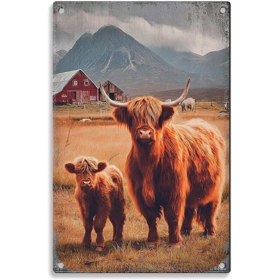 Highland Cow and Calf in Farm Scene tin sign Vintage Scottish Cattle Metal Sign Suitable for farmhouse, barn, and home decor 8 x 12, easy to hang