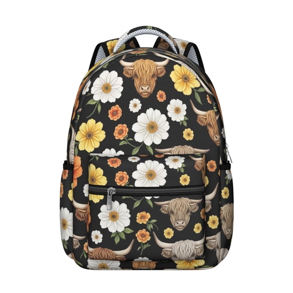 Highland Cow and Daisy Print Backpack for School, Cute School Bag with Adjustable Shoulder Straps and Padded Back, 15.3"x11"x7.1"