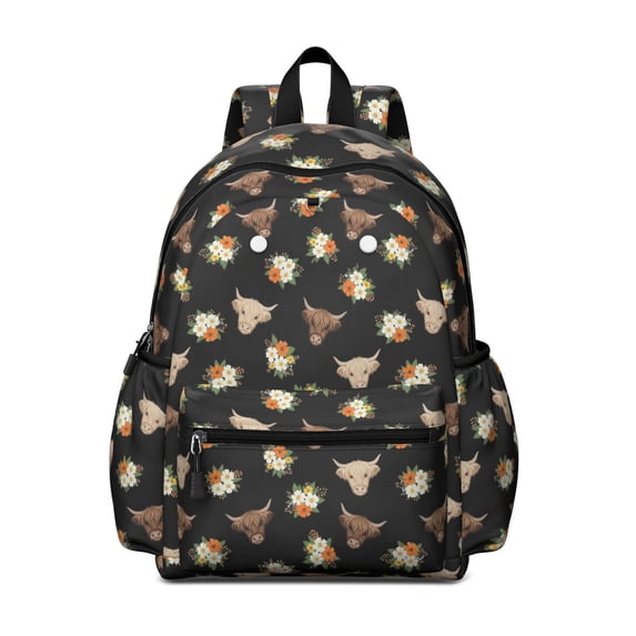 Highland Cow and Daisy Print Cute School Backpack with Padded Back and Adjustable Shoulder Straps 13.4"x11"x4.7"