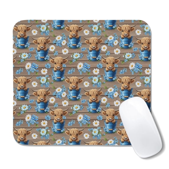 Highland Cow and Daisy Print Square Mouse Pad, Washable Desk Mat with ...