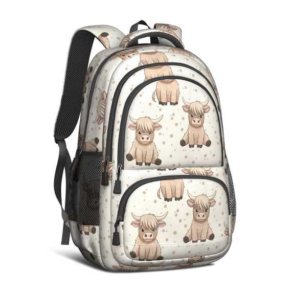 Highland Cow and Dot Print Backpack for School, Cute School Bag with Adjustable Shoulder Straps and Padded Back, 16.9"x12.6"x5.9"