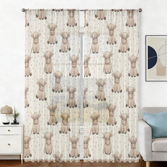 Highland Cow and Dot Print Sheer Curtains, Sheer Curtain Panels with ...