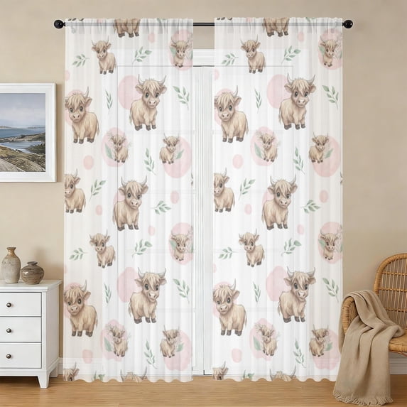 Highland Cow and Dot Print Sheer Curtains, Sheer Window Panels with ...
